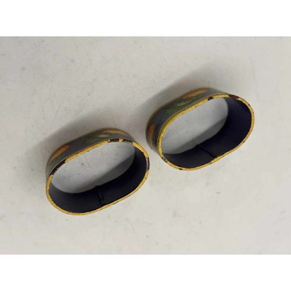 Pair Hand Painted Metal Napkin Rings Italian Tuscan Citrus Fruit Blue Decor